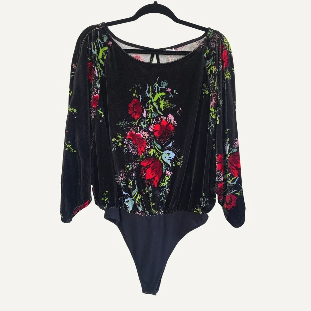 Free People Bodysuit Womens M Black Floral Velvet Dolman Sleeve Dark Romance